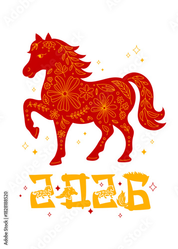 Horse 2026 New Year greeting card vertical. Vector illustration of Lunar New Year symbol, Chinese Zodiac animal horse. Traditional red and gold colors and creative botanical, floral ornament