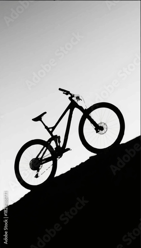 Black and white illustration of the silhouette of a bicycle standing on a mountain against the sky. Vector graphics. EPS.