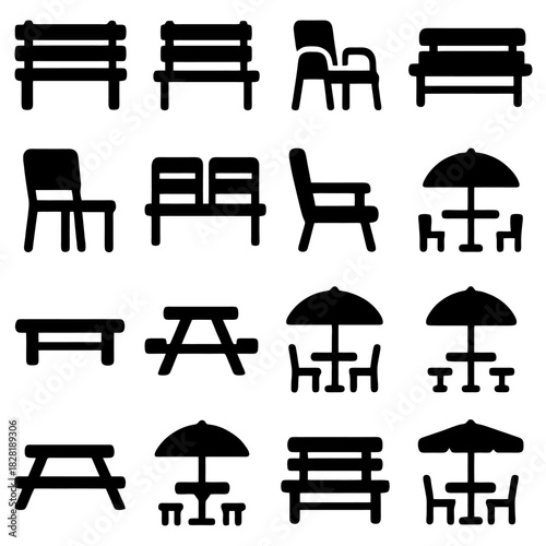 Iconic Outdoor Furniture Set: A curated collection of outdoor furniture icons, ranging from benches and chairs to picnic tables with umbrellas, offering a versatile range for outdoor decor and design.