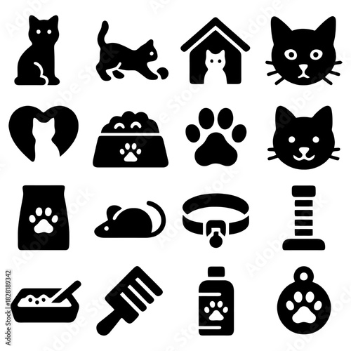 Cat-Centric Collection: A set of iconic silhouettes, representing various elements of feline life, from toys to nourishment. This image celebrates the charm of every cat.