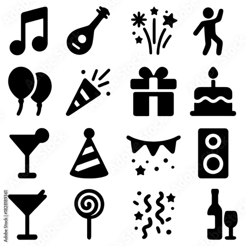 Party Elements: A collection of festive symbols, each one is a celebration and merriment, ready for party mood, capturing joy and jubilance, ready to use on different background.