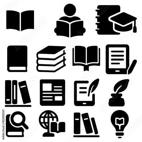 Literacy Icons: A collection of concise icons representing the various facets of literature and knowledge