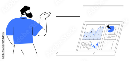 Man presenting data insights on a laptop displaying graphs, charts, and growth trends. Ideal for analytics, business strategy, presentations, data reporting, decision-making, professional training