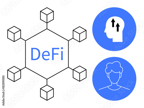 DeFi concept. Decentralized finance blockchain network with interconnected cubes and two blue icons user profile and innovation. DeFi applications, fintech, financial technology, blockchain