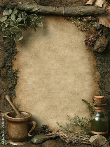 Watercolor witchy parchment background, soft moss green and sage tones