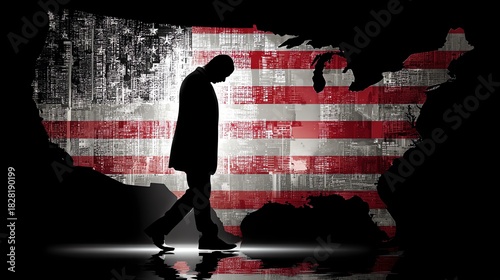Silhouette of a man walking before a textured United States map styled with flag colors, conveying themes of reflection, identity, and national challenges.