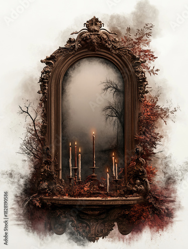 Watercolor ornate framed mirror with candles