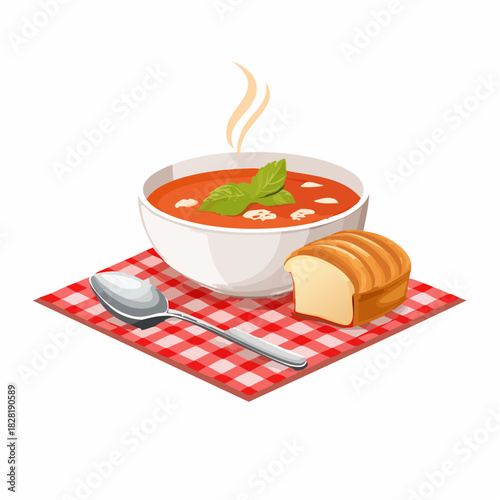 Bowl of hot tomato soup with basil and bread.