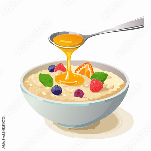 Healthy Oatmeal Breakfast Bowl with Fresh Berries and Honey.