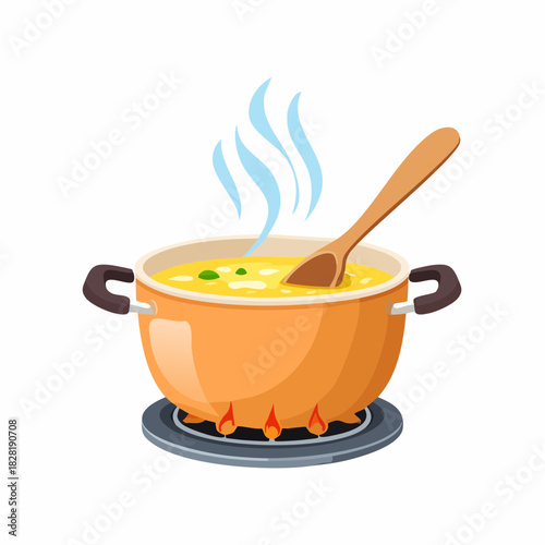 Hot soup cooking in a pot on a stove.