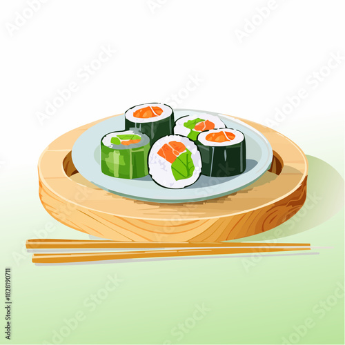 Japanese sushi maki rolls on wooden platter.