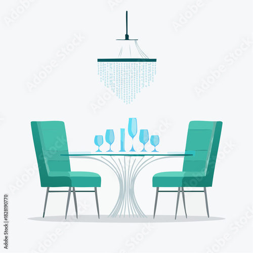 Modern dining room interior with table and chairs.
