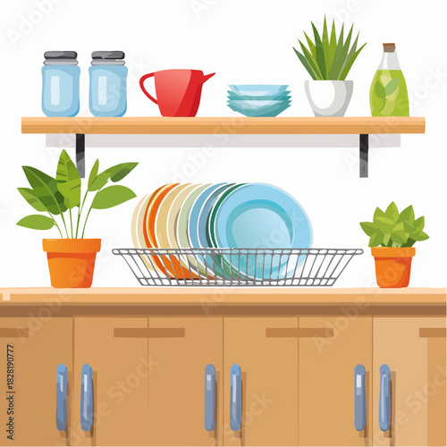 Modern kitchen interior with dish rack and shelf.