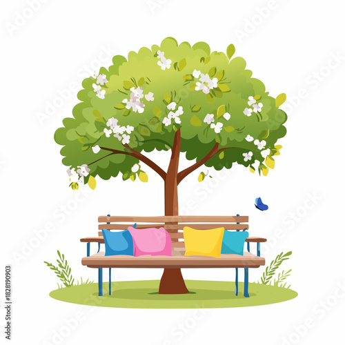 Park bench with colorful pillows under a blossoming tree.