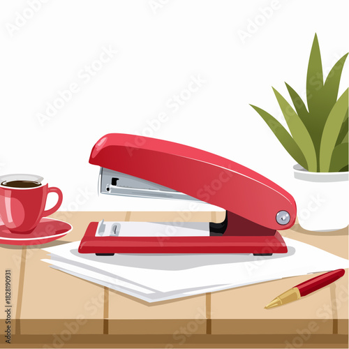 Red stapler on an office desk with coffee and plant.