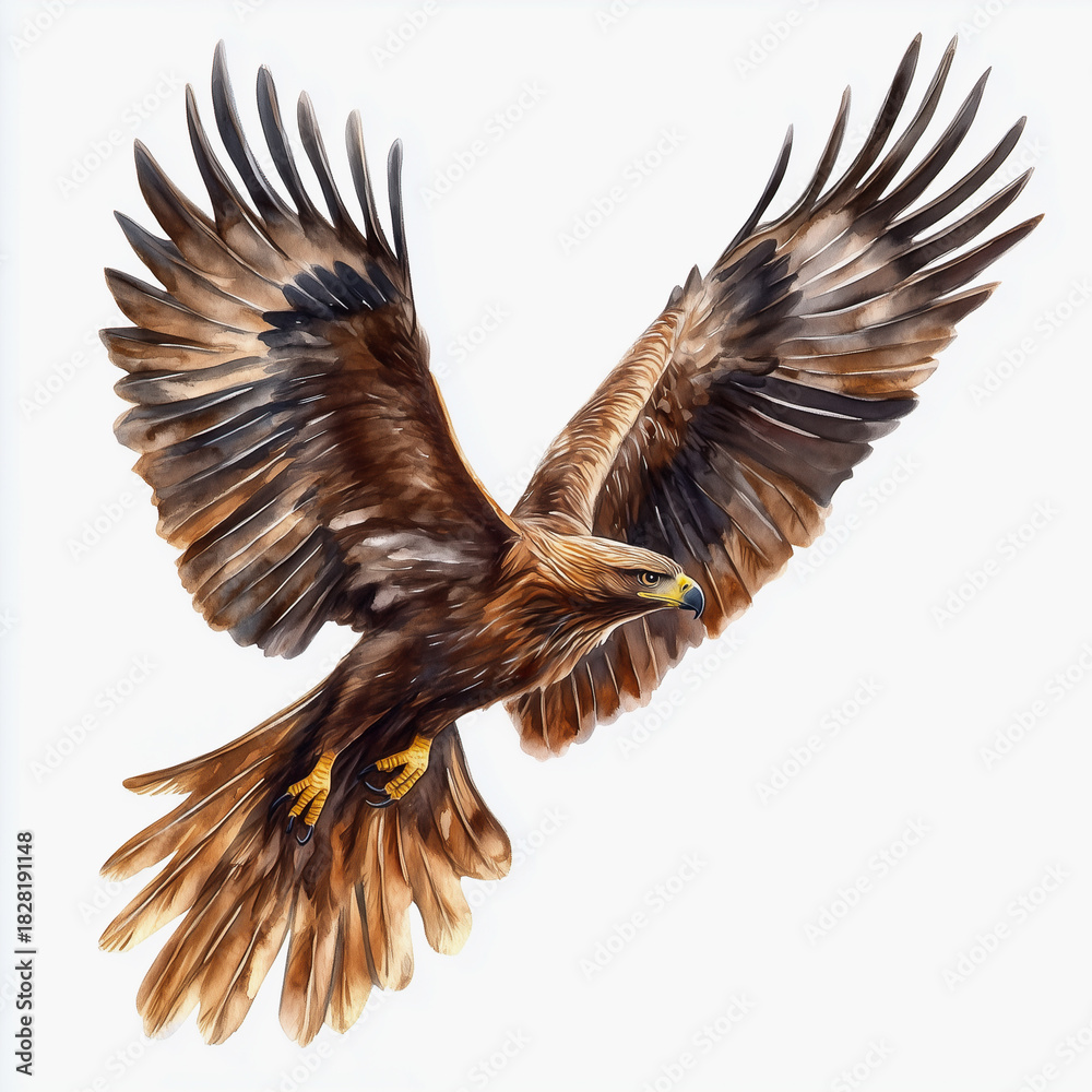 Fototapeta premium Watercolor illustration of majestic golden eagle soaring with wings spread wide