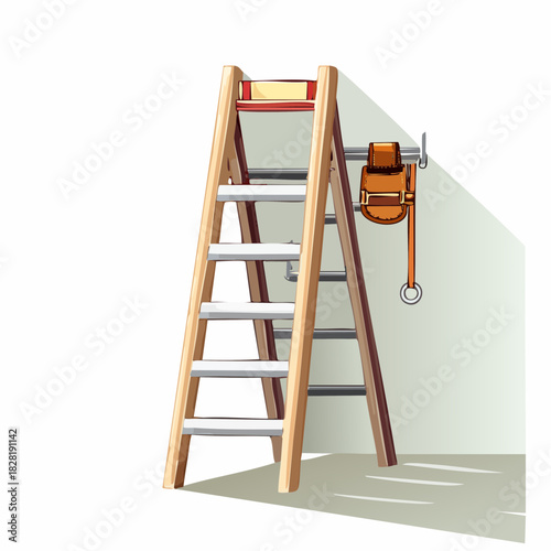 Wooden Aframe stepladder with vise tool isolated.