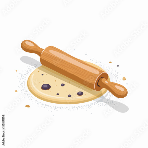 Wooden rolling pin flattening dough for baking.