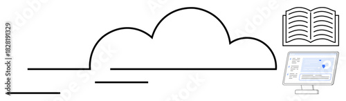 Cloud shape linked to open book and monitor. Ideal for technology, education, data management, online learning, cloud storage, digital content, computing. Simple flat metaphor
