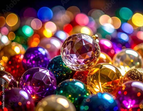 Vibrant festive scene featuring sparkling multicolored reflective spheres with a faceted crystal ornament catching warm light, creating a bright and lively atmosphere filled with color, shine and boke