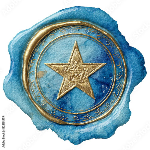 Watercolor clipart of blue and gold wax seal with embossed pentagram on white background 