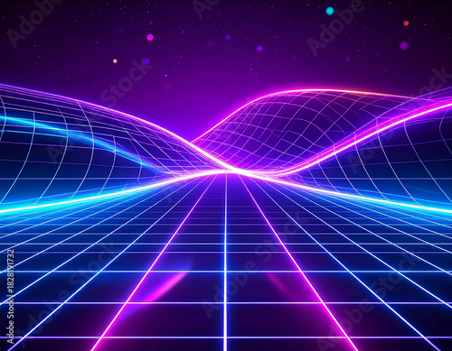 Vibrant retro‑futuristic grid landscape with glowing neon lines forming dynamic wave structures against a deep cosmic background, creating a vivid 80s‑inspired digital sci‑fi atmosphere full of color 