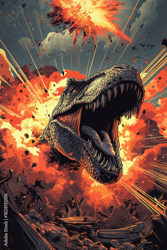 Explosive T-Rex head bursting through flames in dramatic action fantasy art
