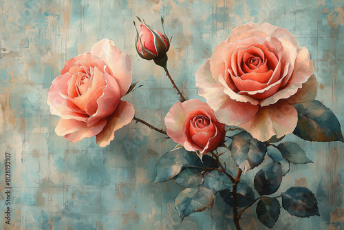 Delicate vintage roses with soft pink petals against textured teal backdrop
