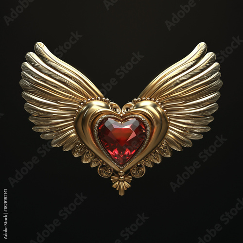 Golden heart with ruby core and wings, romantic emblem of love and freedom
