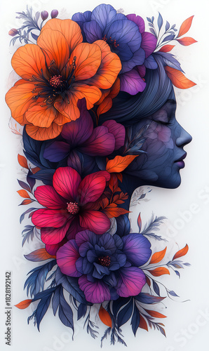 Surreal portrait of woman with floral hair composed of vivid purple petals
