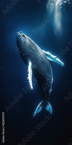 Graceful humpback whale ascending through deep blue ocean light beam
