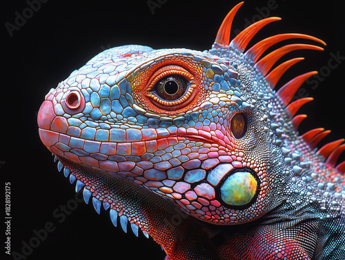 Vivid iguana portrait with neon red spikes and blue scales on black background
