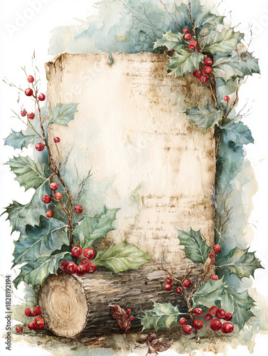 Watercolor scrapbooking paper with Christmas ornaments, holly and red berries 