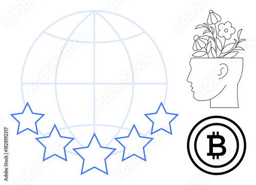 Globe grid with stars, human profile with flowering plants, Bitcoin icon. Ideal for concepts of global technology, innovation, blockchain, sustainability, creativity financial growth. Simple flat