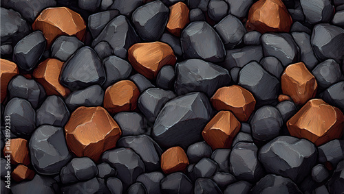 Crushed iron ore background texture. Spherical lumps of crushed ore concentrate close-up. Semi-finished product of metallurgical production of iron. Iron-containing product of pelletizing roasting.