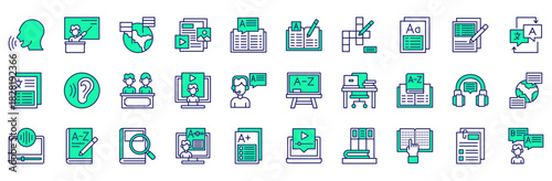 Language Learning icons collection. Vector illustration. Pronunciation, Teacher, Countries, Material, Vocabulary, Study, Crossword, Flashcard. Pro Vector