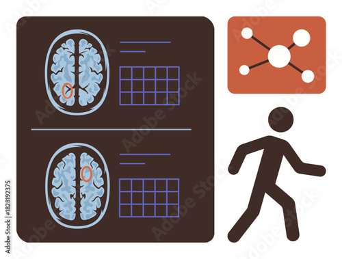 Brain scans with highlighted areas, grid annotations, molecular diagram, and walking figure. Ideal for neuroscience, health, research, cognition neurology movement education. Simple flat metaphor