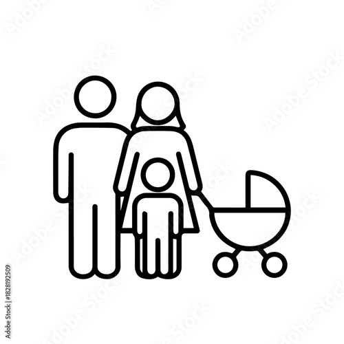 family with a stroller vector line icon on a white background Vector line icon on a white background