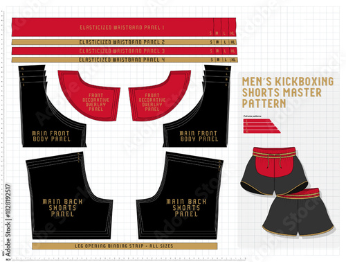 Vector fashion pattern of men’s kickboxing shorts, showing graded sizes S–XL, detailed construction panels, technical outlines, and structured layout ideal for apparel designers and pattern developers