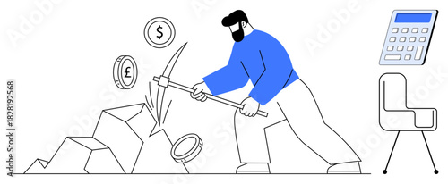 Man breaking rocks with pickaxe to uncover currency symbols, including dollar and pound signs. Ideal for finance, investment, hard work, profitability, mining, economy, resource extraction simple