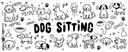 Dog Sitting Vector Set, Pet Care and Dog Walker Doodle Illustration Collection
