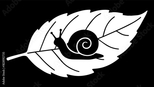 Black and white flat illustration of a snail silhouette crawling on a leaf on a black isolated background. Vector graphics. EPS.