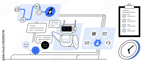 Bot responding to chat messages on a laptop, icons for user experience, task list, and clock. Ideal for automation, AI, digital solutions, productivity time management innovation communication. A