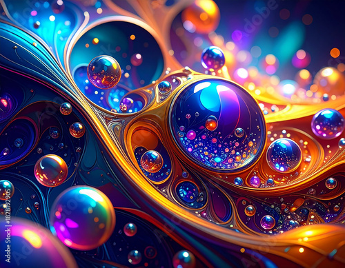 Vivid abstract composition with luminous spherical forms, flowing colorful structures and glowing reflections that create a dynamic, futuristic atmosphere suitable for modern digital art and expressiv
