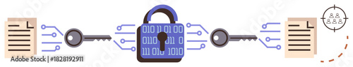 Digital padlock connects keys and documents, symbolizing encryption. Binary code and lines enhance tech theme. Ideal for cyber security, data protection, privacy, tech concepts, digital safety