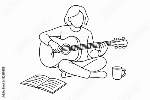 Black-and-white line illustration of person playing acoustic guitar with open book and mug. Calm indoor scene for music, creativity and leisure themes.