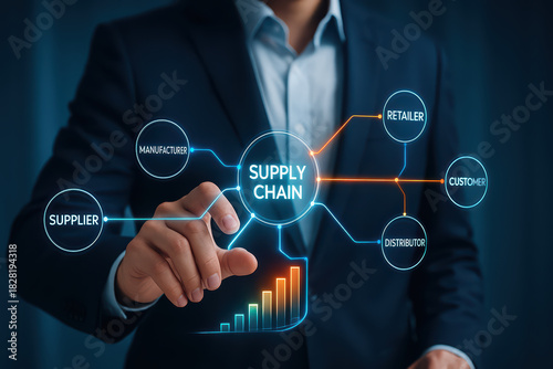 Supply chain supplier manufacturer retailer customer distributor business concept with digital interface and growth chart in hand of businessman