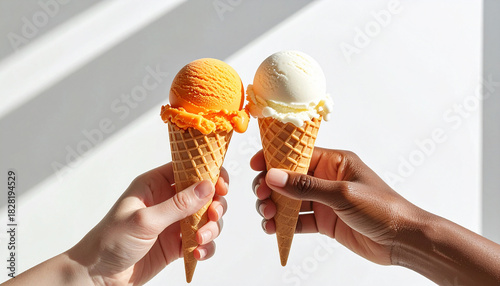 Hands contrasting scoops ice cream orange creamsicle vanilla