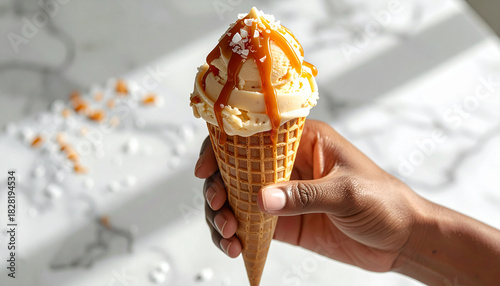 Close-up hands gourmet Salted Caramel Ice Cream drizzle