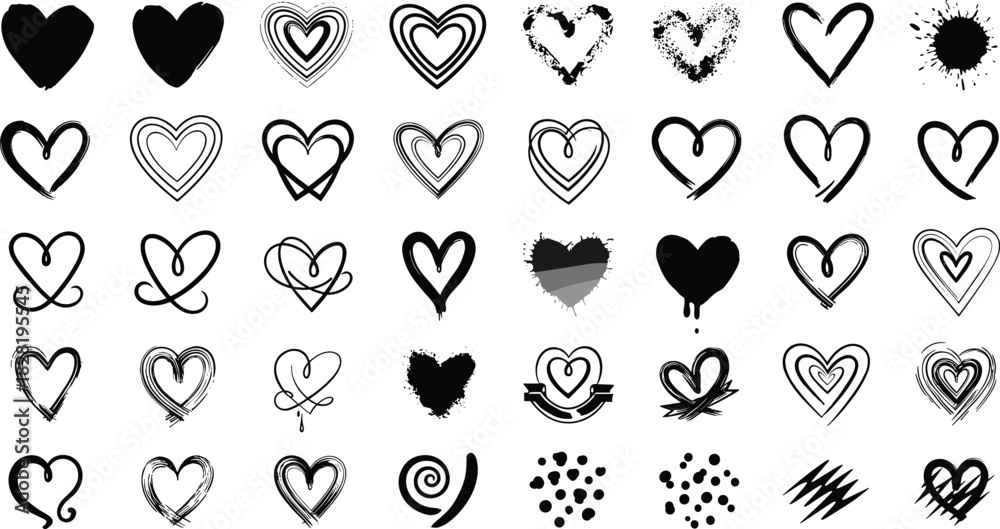 Fototapeta premium Brush stroke heart shapes collection, vector illustrations
